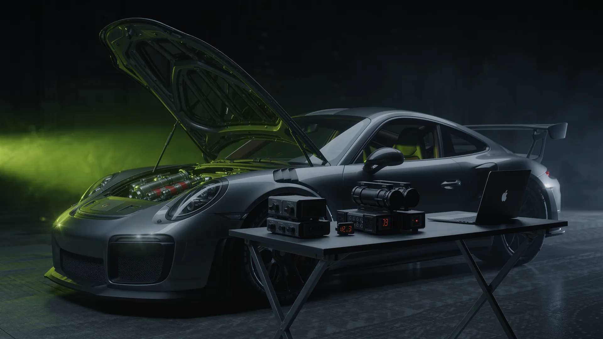 Test driver reviewing timing equipment data beside a performance car at a proving ground