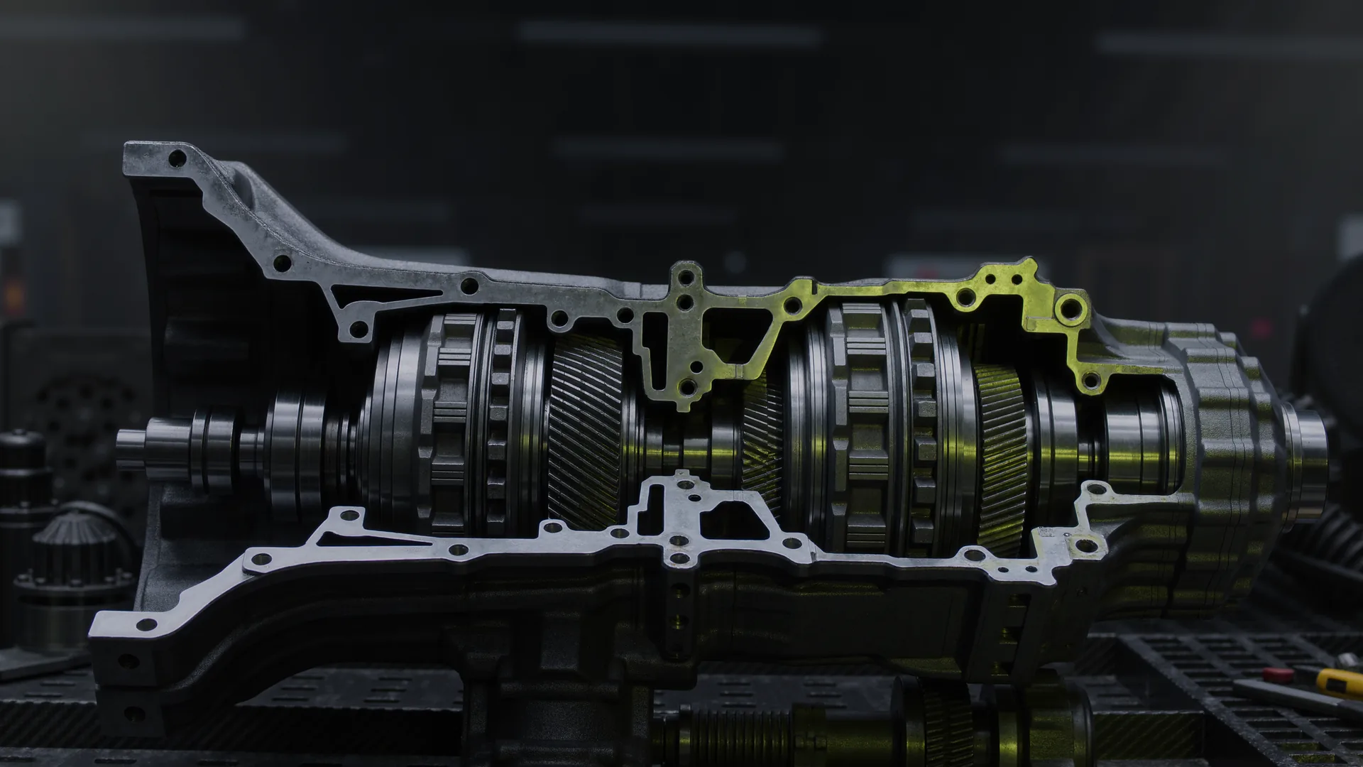 Close view of a dual clutch transmission selector during a fast upshift