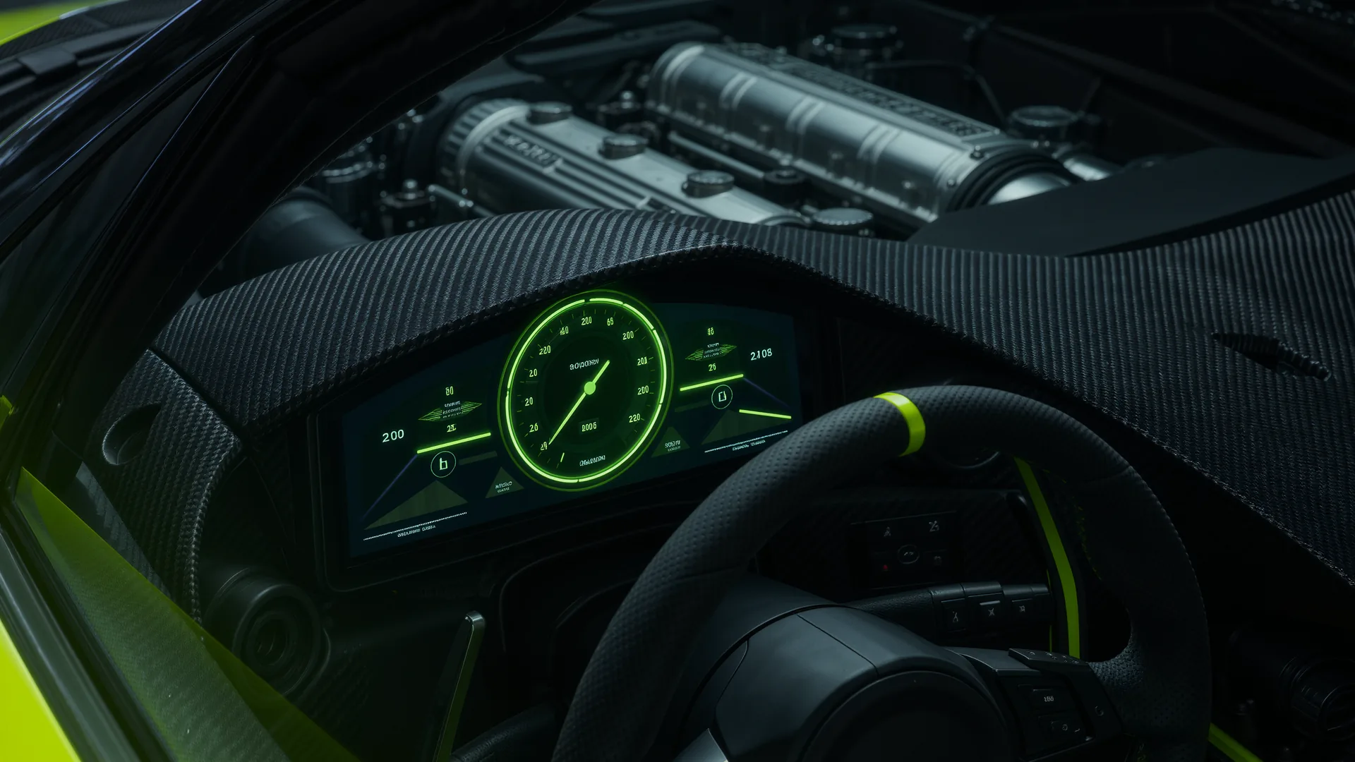 Instrument cluster of a performance car showing a launch control display at high engine speed